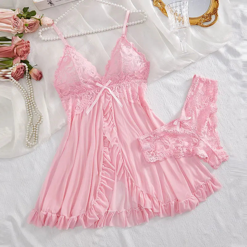 Suspender Suit Summer Ultra-thin Nightgown Lace Thong Sets Women's Sexy Pyjamas Lingerie Hot Night Dress Comfortable Sleepwear