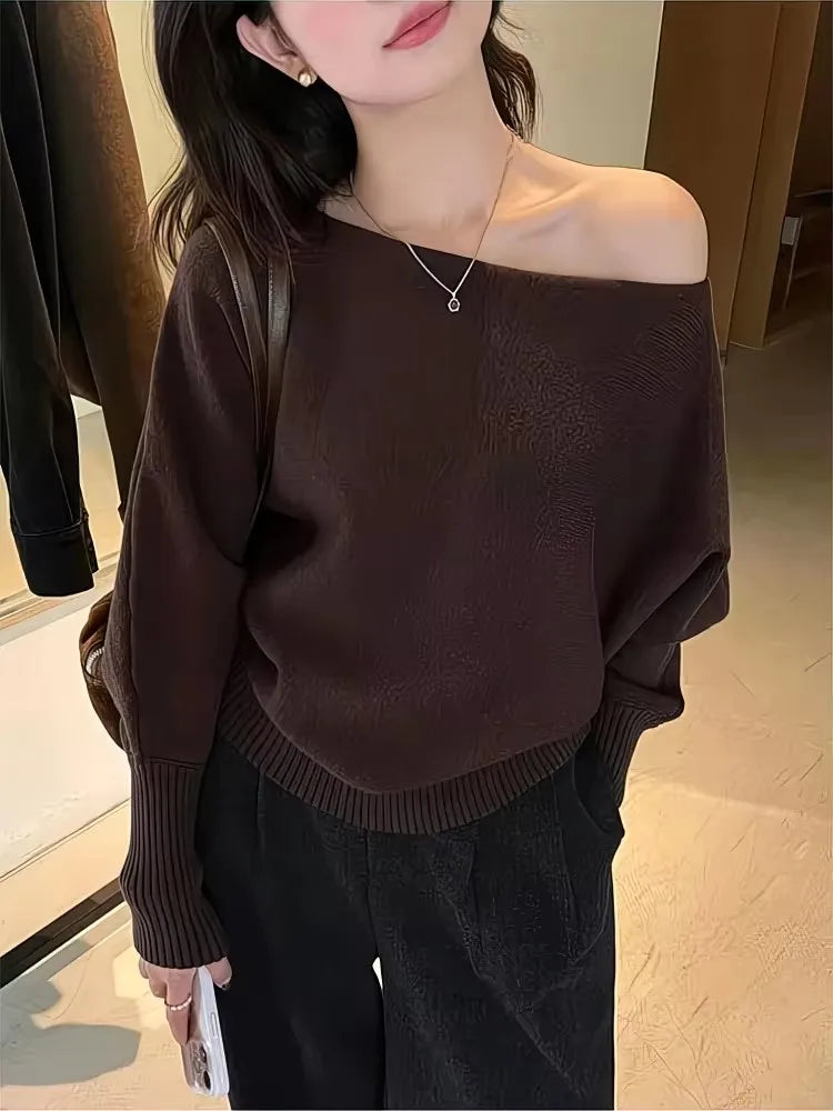 Off Shoulder Knit Top for Women Slash Neck Rib-knit Batwing Sleeve Sweater Pullovers Autumn Winter Korean Fashion Outfit