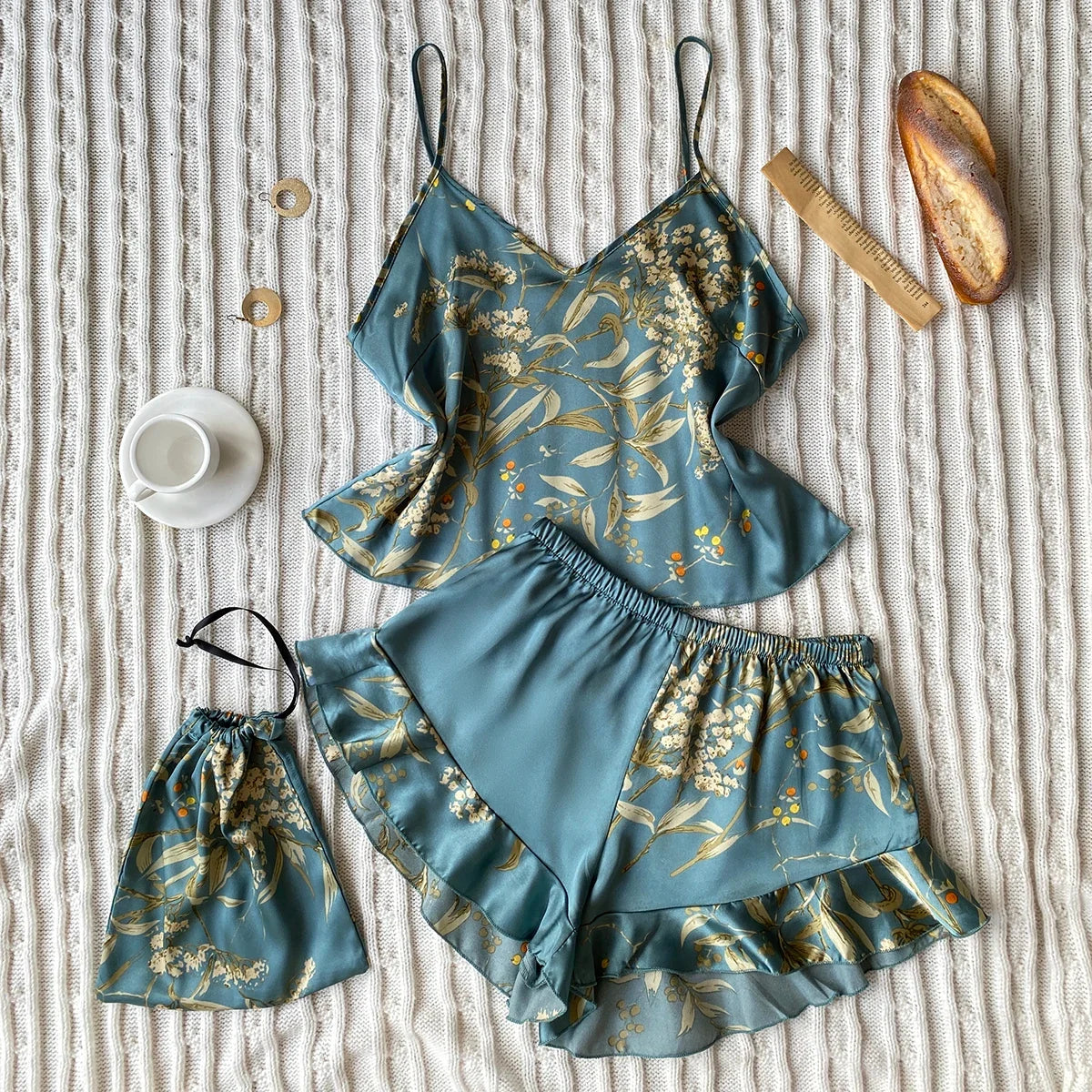 Elegant Floral Print Cami Tops Ruffle Hem Shorts Pajama Set  Women's Sleepwear Loungewear