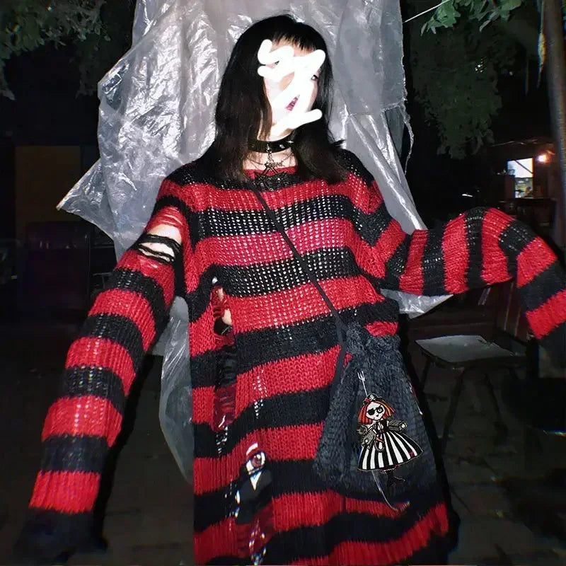 New Purple Striped Gothic Sweaters Women Ripped Holes Loose Knitted Pullover Frayed Fairy Grunge Jumpers Emo Streetwear Lolita