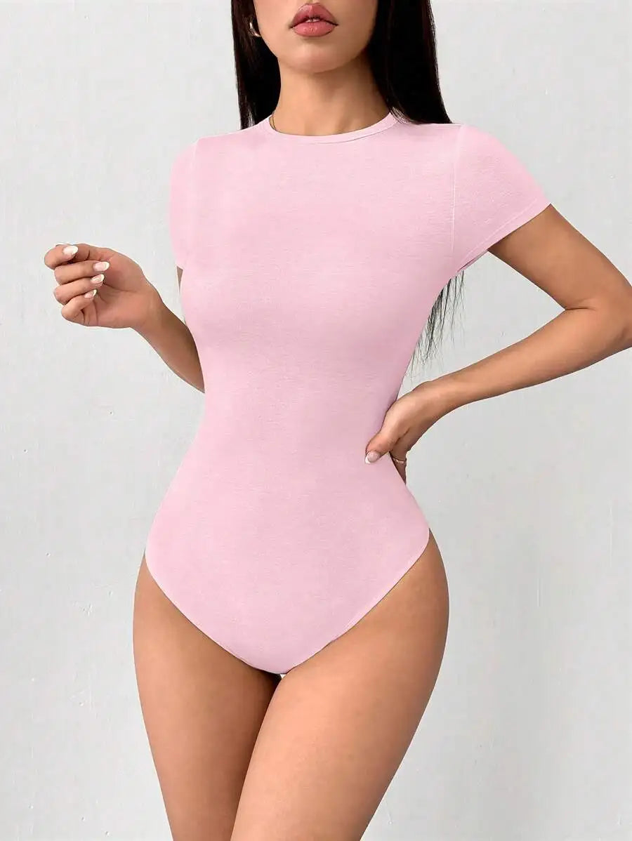 Petite Solid Slim Fit Short Sleeve Bodycon Bodysuit for Women