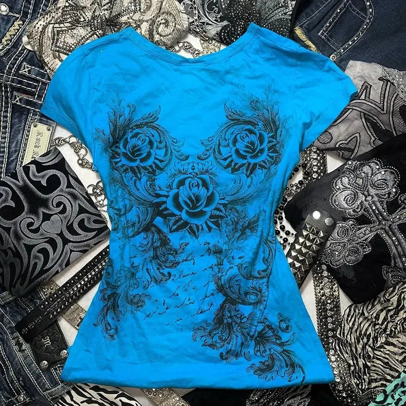 Women's Y2k Grunge T-Shirts 2000s Vinage Rhinestone Print Heart Rose T-Shirt Aesthetics Harajuku Round Neck Tops street fashion