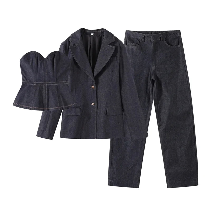 Elegant Denim Blazer Vest Pants Set Women Single-breasted V-Neck Suit Coat Strapless Tanks Straight Leg Jeans 2025 New Lady Suit