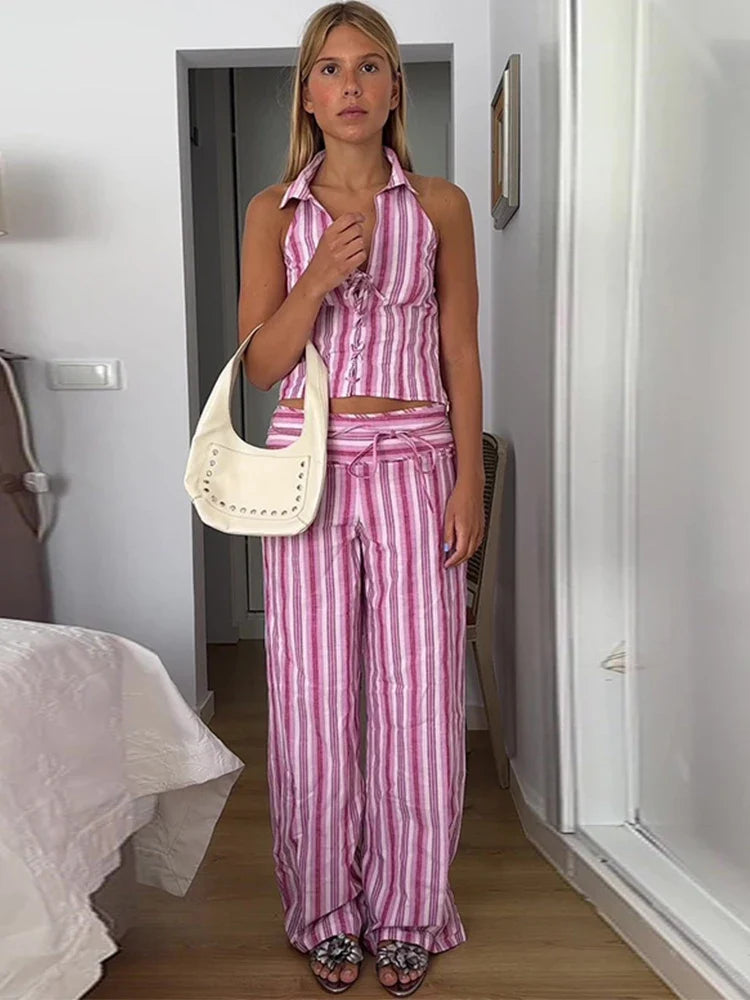Striped Lace Up Vest Pants Set Women Sleeveless Backless Top High Waisted Trousers Sets Female 2024 New Lady Streetwear Outfit