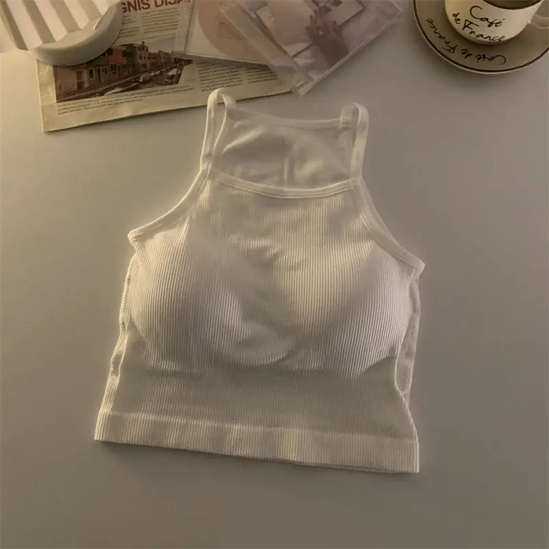 Korean Version Women Tank Tops Thread Solid Casual Fashion Crop Top with Chest Pad Stripe Sleeveless Outer Wear Basic Camisole