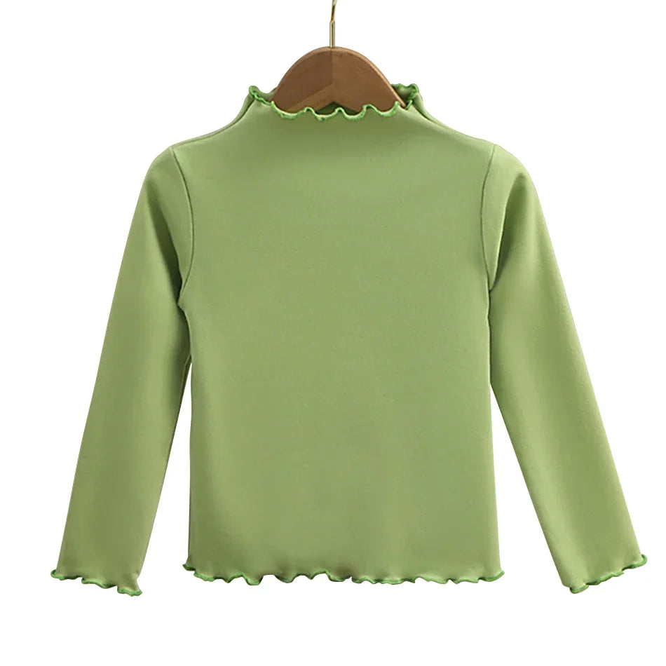 Children Clothing New Girls Base Shirt For Autumn and Winter Children Trendy Black Fungus Edge Solid Color Long Sleeved T-shirt