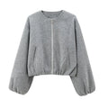 HXAO Outerwears Cropped Bomber Jacket Women Autumn Long Sleeve Faux Wool Coats For Woman Winter Zip Up Gray Beige Short Coats