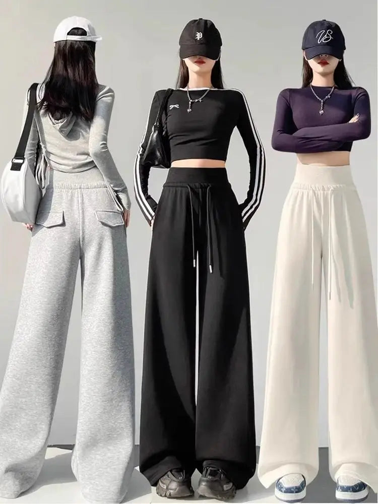 Women's gray sports high waist hanging loose slimming straight leg wide leg pants American sweatpants.