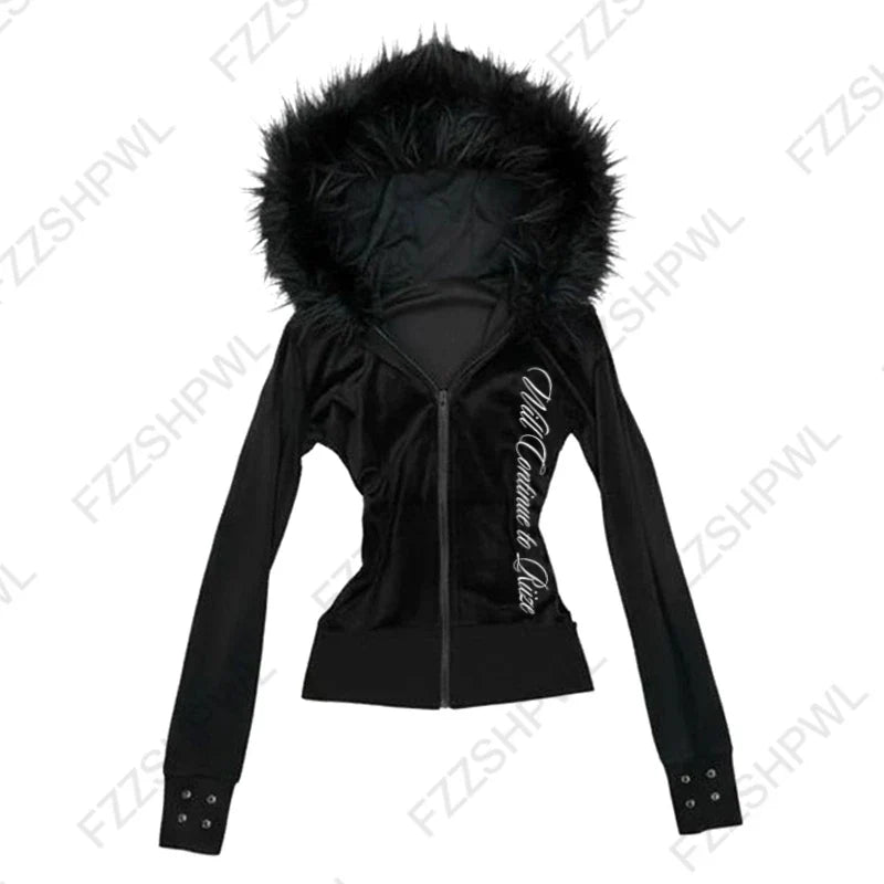 Gothic Y2K Women's Chic Hoodie Sexy Slim Casual Solid Color Female Cropped Sweatshirt Grunge Punk Vintage Aesthetics Streetwear