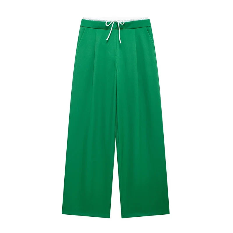 Willshela Women Fashion Solid Lace Up Side Zipper Straight Pants Vintage High Elastic Waist Female Chic Lady Trousers