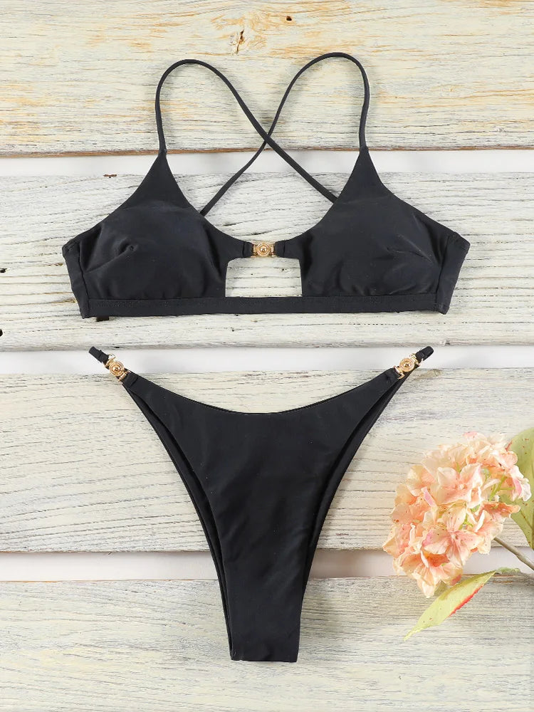 Miyouj Bandage Swimwear Summer Swimsuit High Cut Bikini Set Solid Sexy 2-Piece Suit New Bathsuit Hollow Out Thongs Beachwear