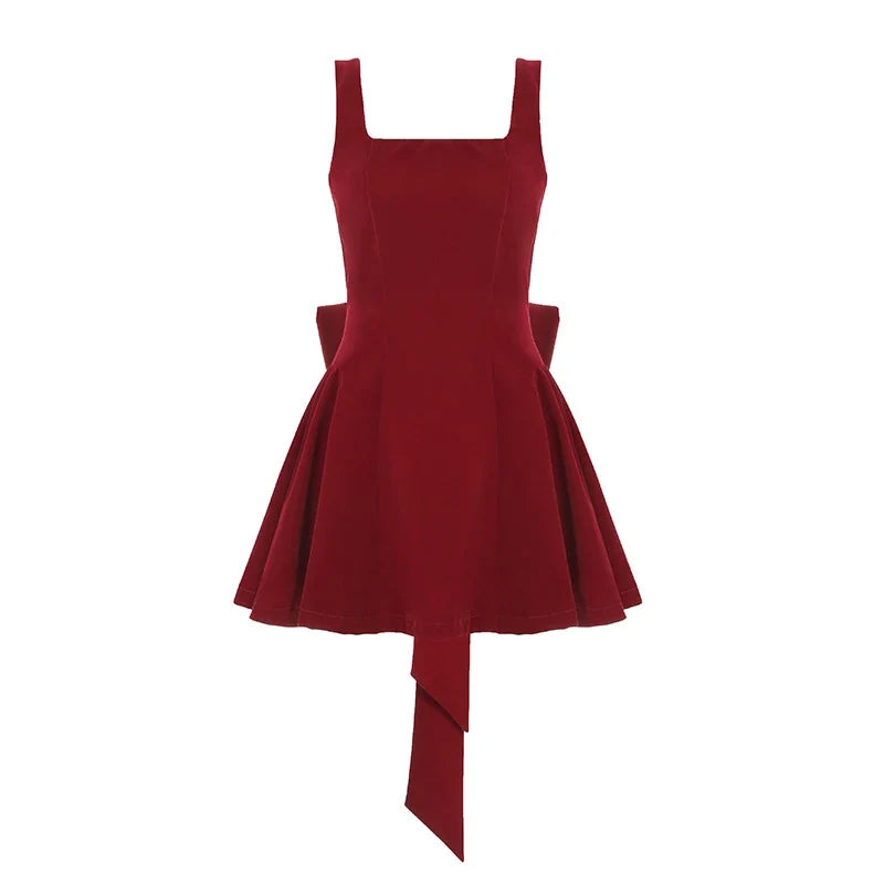 BKLD Fashion Red Bowknot Mini Dress Straps Square Collar Sleeveless Backless Vintage Cute Ladies Slim Party Short A-line Dresses