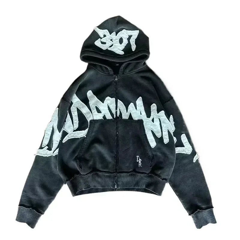 American Y2K New Hip Hop Trend Zipper Hoodie Women Street Casual Loose Joker Vintage Sweatshirt Unisex Fleece Padded Warm Hoodie