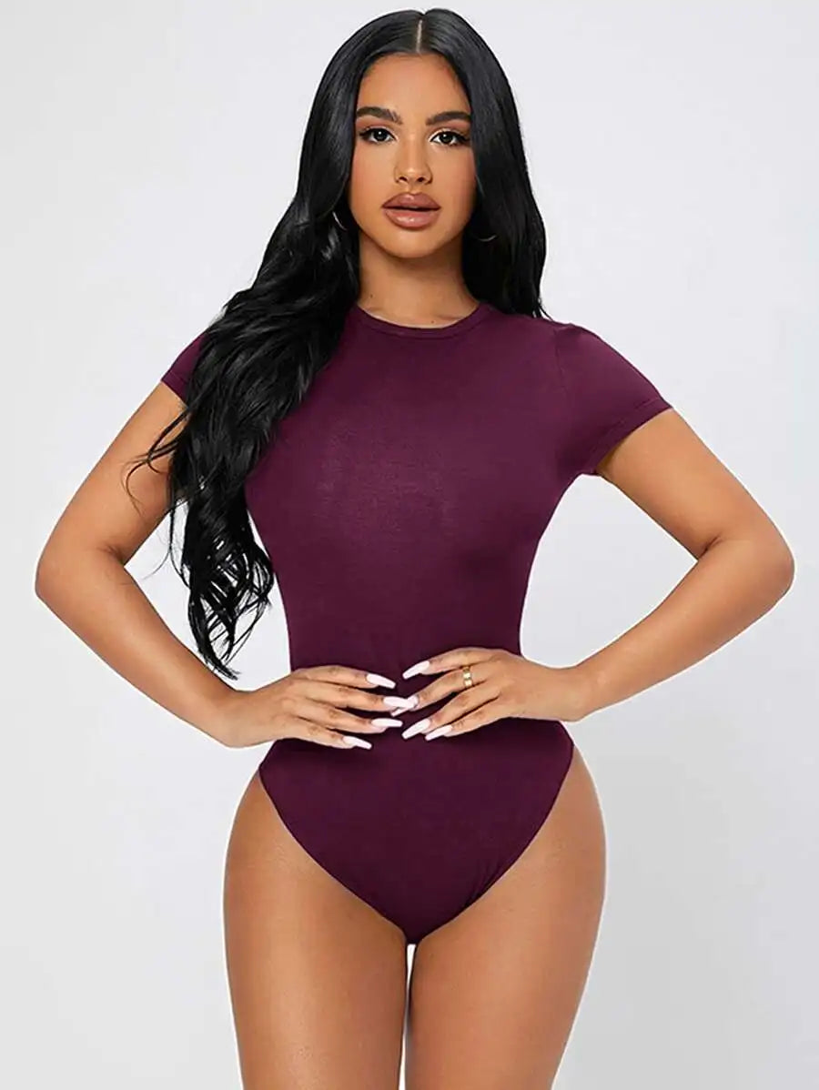 Petite Solid Slim Fit Short Sleeve Bodycon Bodysuit for Women