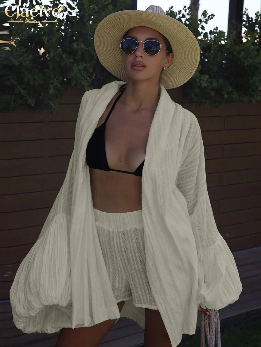 Clacive Fashion Loose White Cotton Sets For Women 2 Pieces 2025 Elegant Puff Sleeve Robes With High Waist Shorts Set Female