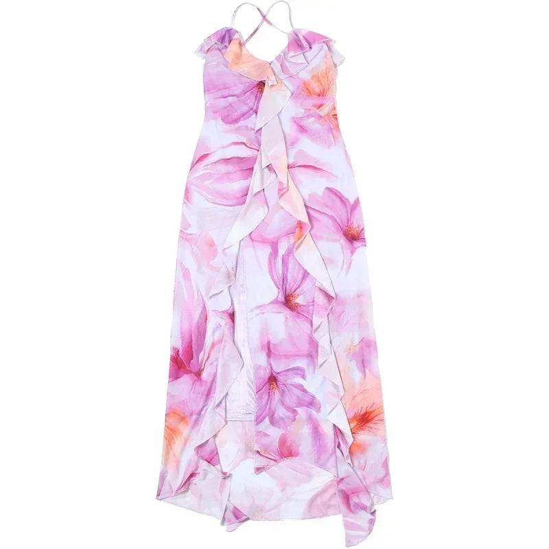 Weird Puss Flower Print Dress Woman Summer Strapless Splits Irregular Tassel Patchwork Backless Bandage Party Skinny Vestidos