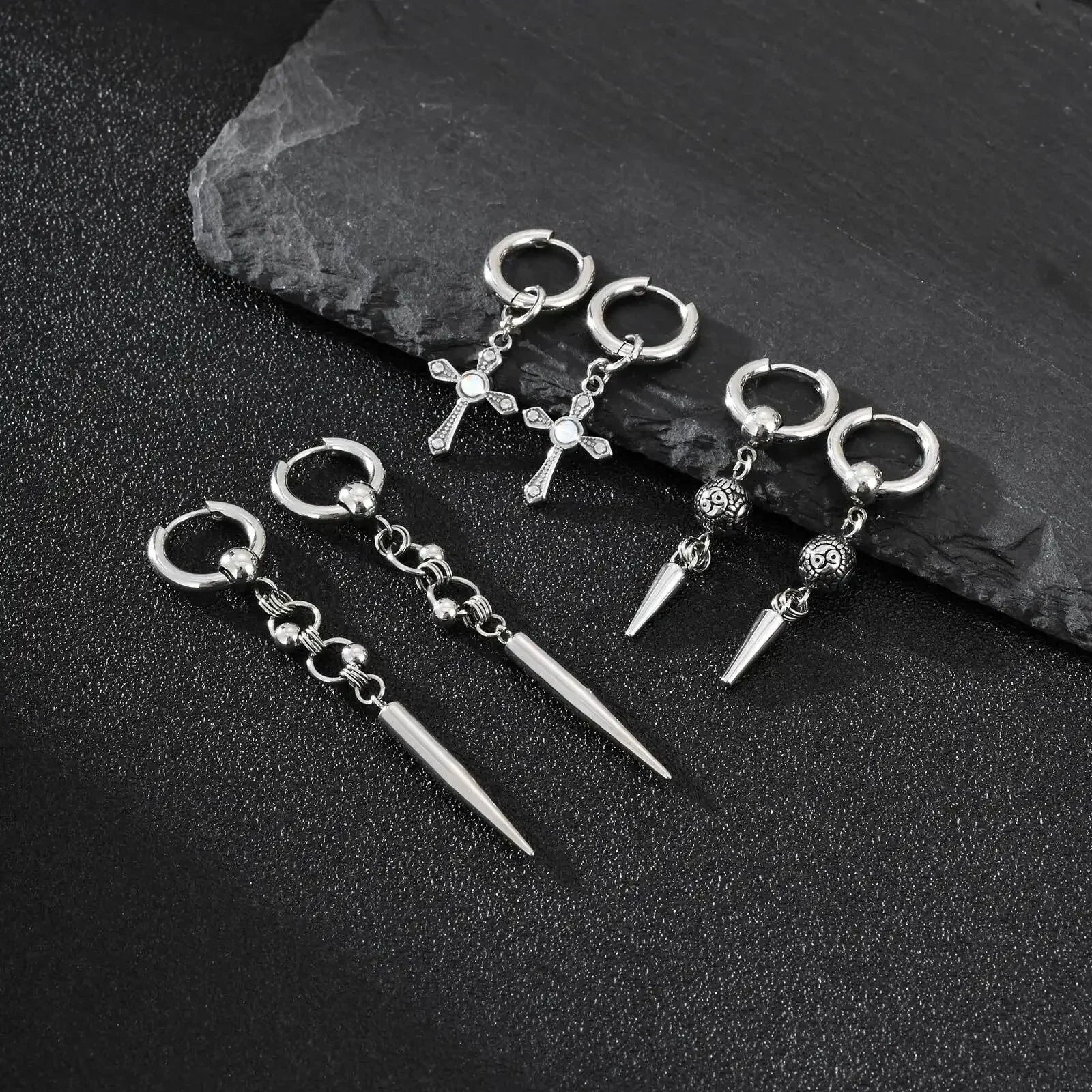 Punk Men's Huggies Earrings,Vintage Long Chain Stainless Steel Ear Drop,Stylish Cross Earring Gift
