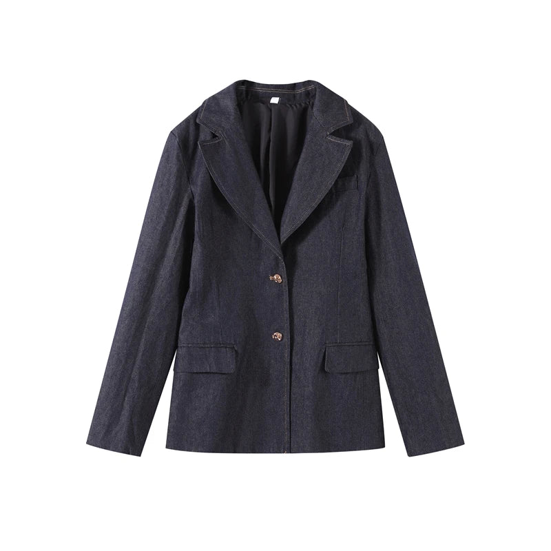 Elegant Denim Blazer Vest Pants Set Women Single-breasted V-Neck Suit Coat Strapless Tanks Straight Leg Jeans 2025 New Lady Suit