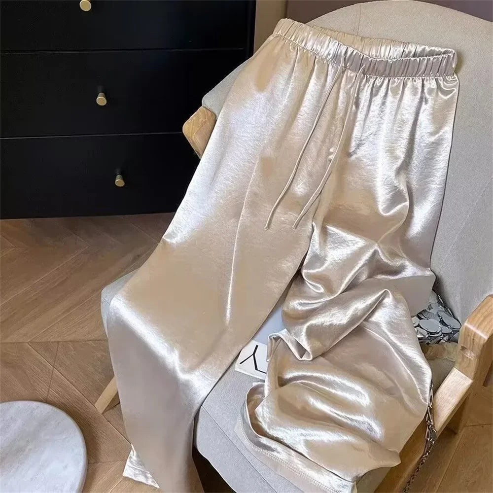 Korean Fashion High Waist Thin Wide Leg Women Summer Office Lady Solid Color Straight All-match Casual Pants Trousers Clothes