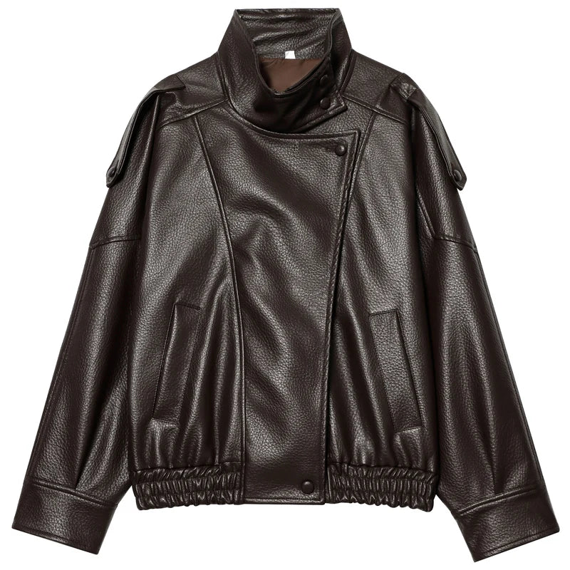 HXAO New Arrival Women's Bomber Jacket Leather Black Jackets Cropped Oversize Outerwears Zip-Up Long Sleeve Coats Outdoor Jacket