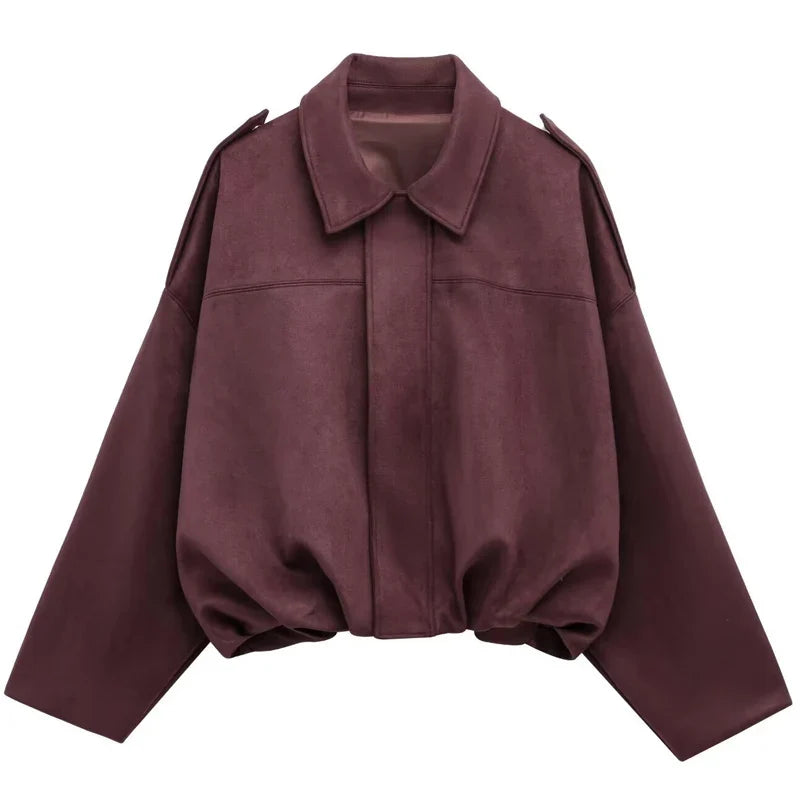 HXAO Suede Cropped Jacket Women's Bomber Jacket Oversized Batwing Sleeves Outerwears Lady Casual Loose Coat Street Style Jackets