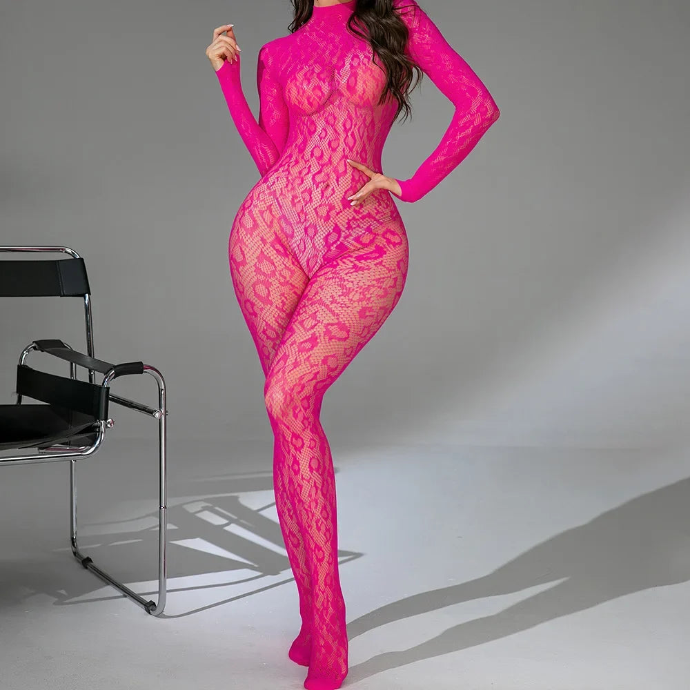 Mature European and American Women's Long Sleeved Transparent Hollow Jacquard Sexy Erotic Seductive Jumpsuit