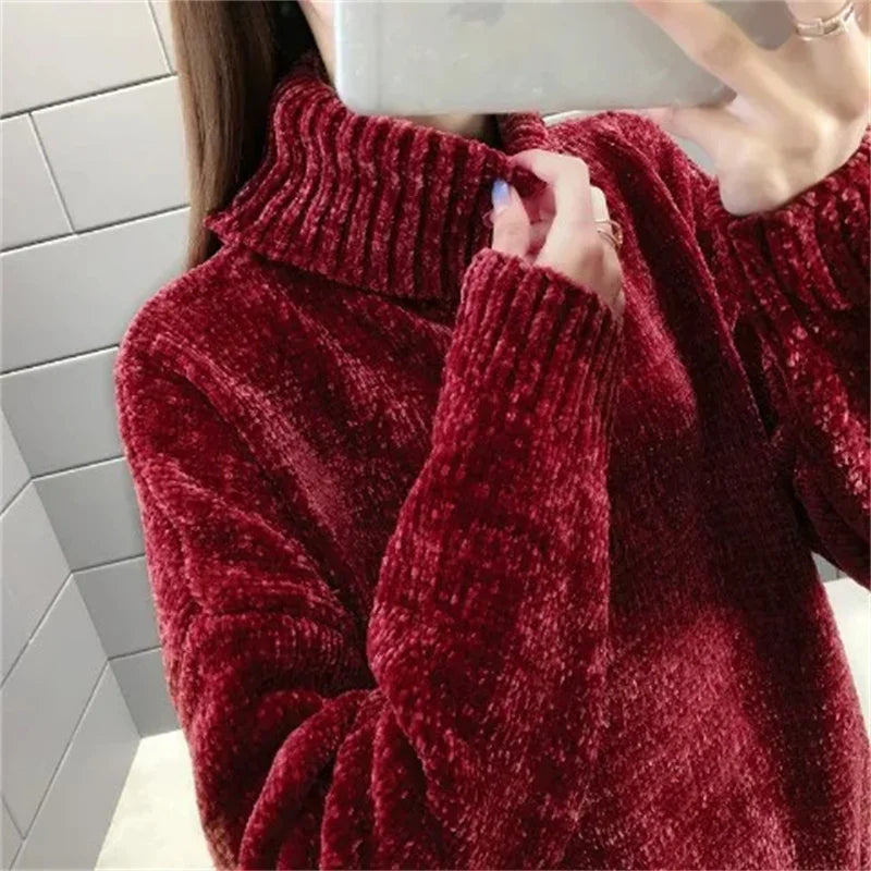 Chenille Turtleneck Sweater Women's Autumn Winter 2025 New Loose Elastic Thick Knitted Sweaters Solid Female Warm base Shirt