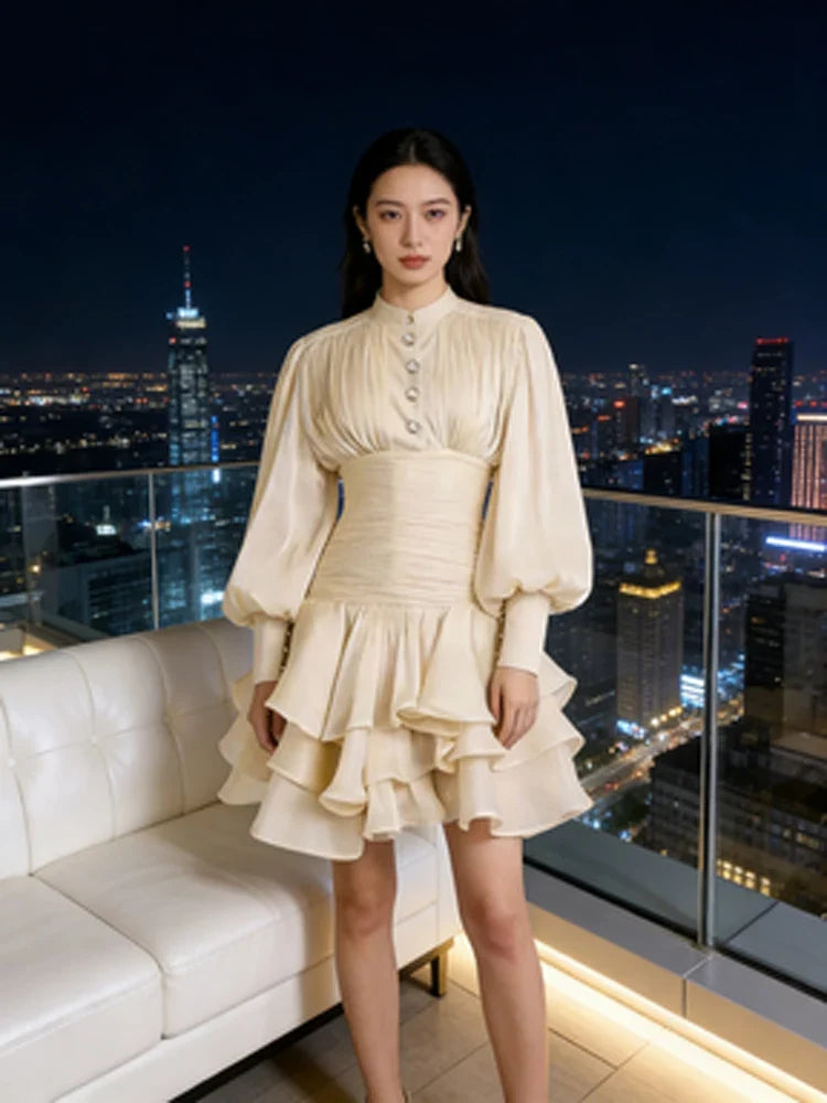 Solid Victorian-inspired Mini Dress Women Puff-sleeve Ruched Tiered Romantic Cottagecore Party Dresses 2026 Trendy Elegant Robe