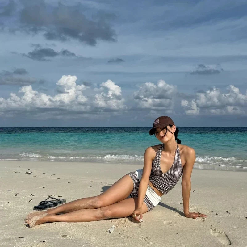 New Sexy Deep V Push Up Bikini Set High Waisted Checkered Brief Tummy Control Backless Two Piece Swimsuit for Beach Vacation