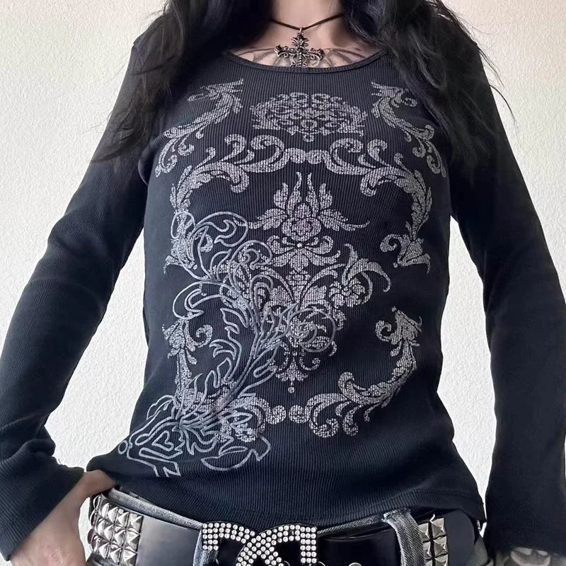 Y2K Grunge Cyber Mall Goth Thermal T-shirt Skulls Graphic Print Long Sleeve Pullovers Tops Women 90s Vintage Aesthetic Tees