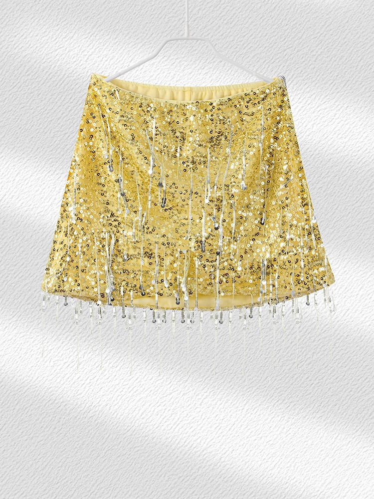 Sexy Tassel Chains Women's Set Elegant Solid Sequins Hip Package Female Party Mini Skirts Summer Holiday Lady Outfit Beachwear