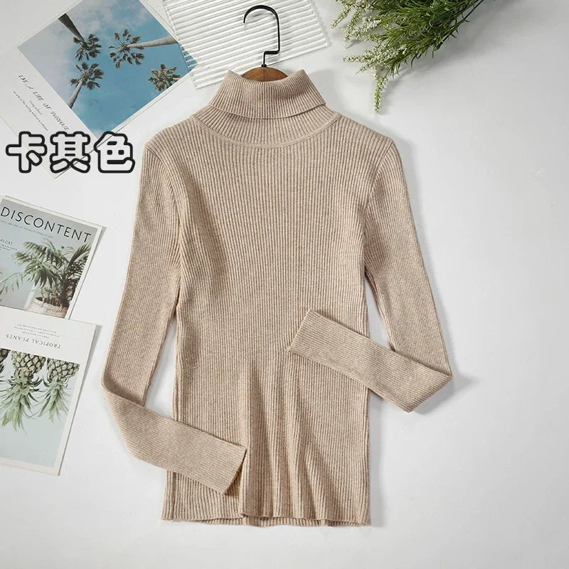 2026 Simple Women Turtleneck Sweater Winter Fashion Pullover Elastic Knit Ladies Jumper Casual Solid Black Female Basic Tops