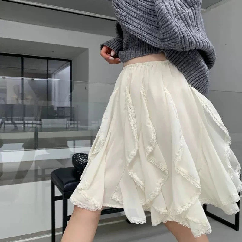 Deeptown Korean Style Lace Tulle Skirt Women Fairycore Sweet Elegant Ruffle Skirts Vintage Streetwear Irregular Layered Skirts
