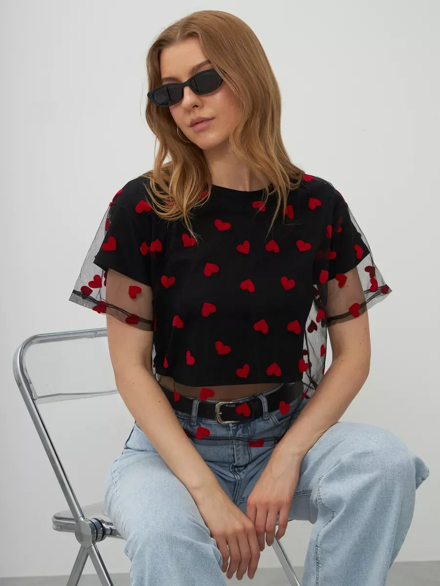 Hirsionsan Heart  Mesh Patchwork Vintage T Shirt Streetwear Aesthetic Chic T Shirt Women Casual Cotton Short Sleeve Tops Y2k