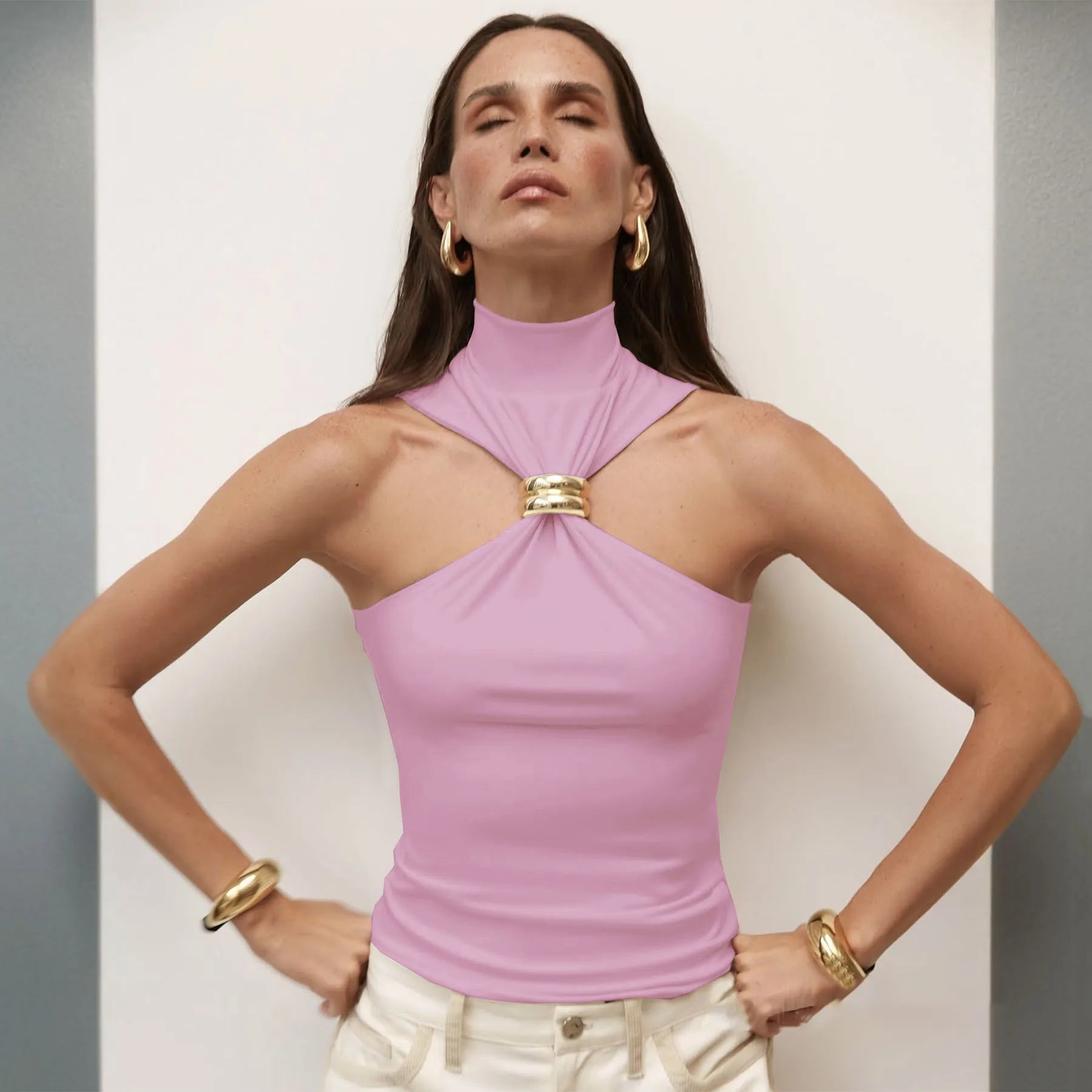 Mozision Turtleneck Basic Knit Tank Tops Women Vest Pullovers Metal Ring Camisole Sleeveless Skinny Knitted Tops Y2K Cropped Top