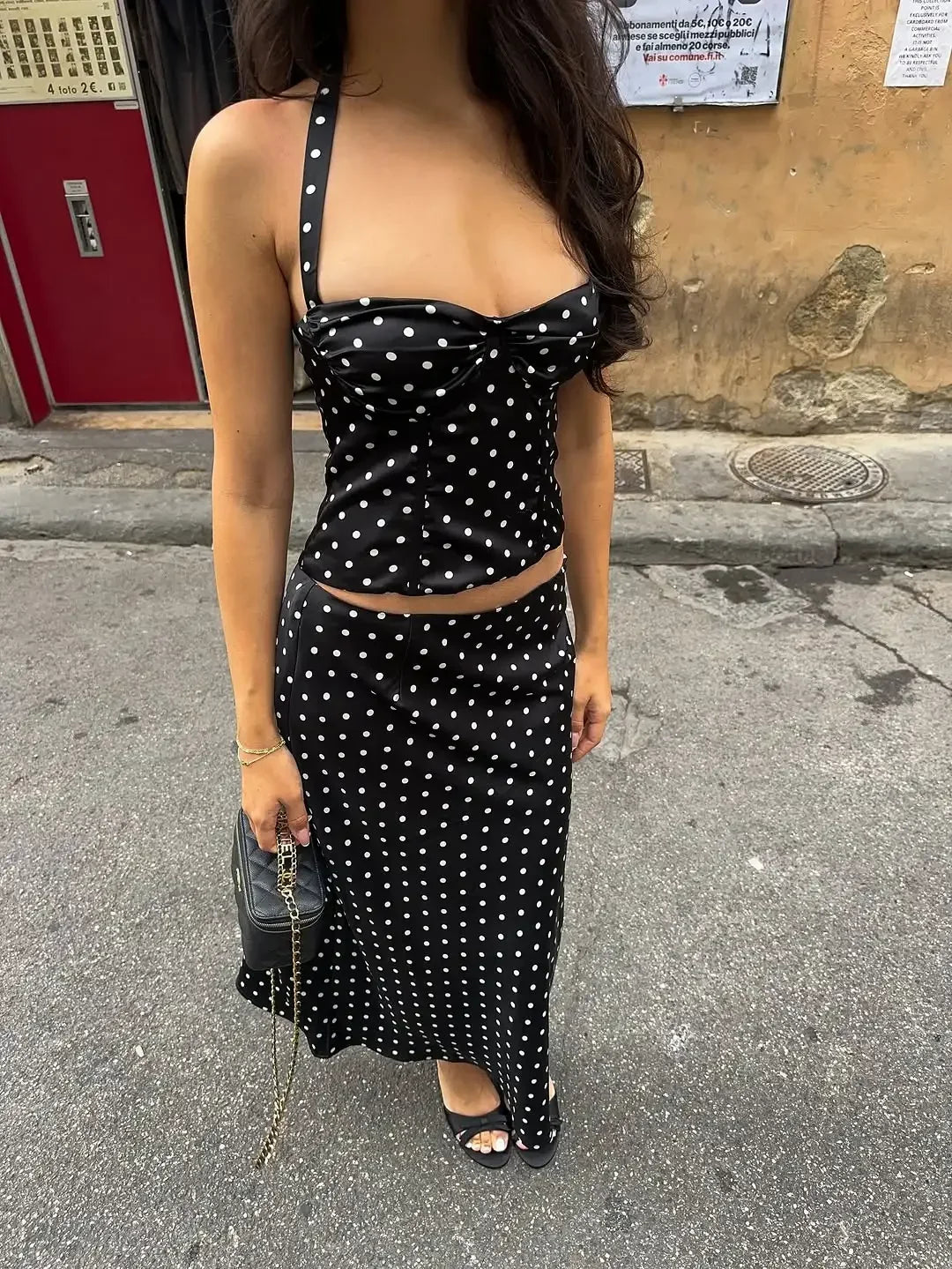 Retro Polka Dot 2-piece Set Lady Chic Sleeveless Off-shoulder Halter Crop Top Maxi Skirt Sets 2026 Women Vacation Street Outfit