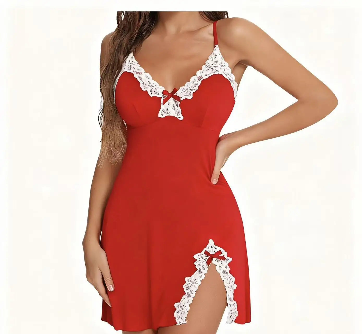 Sexy Sleepwear Women Lace Silk Satin V-Neck Nightgown Split Hem Soft Lingerie Night Dress Sleeveless Sleepwear Female Clothes