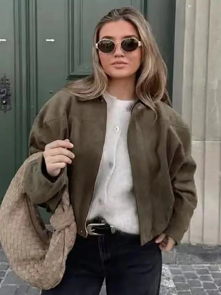 Vintage Women Green Oversize Bomber Jackets 2026 Fashion Ladies Elegant Loose Soft Outfits Jacket for Party Female Chic Clothes