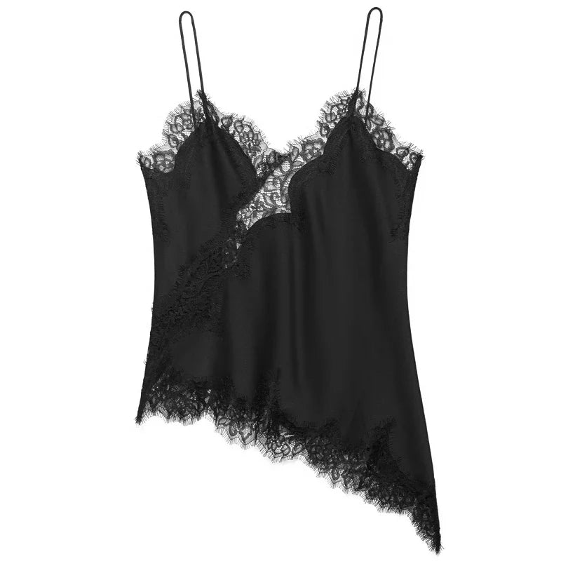 HXAO Y2K Asymmetrical Slip Lace Top Women Sexy Tanks & Camis Satin Off Shoulder Sleeveless Backless Tops Street Style Camisoles