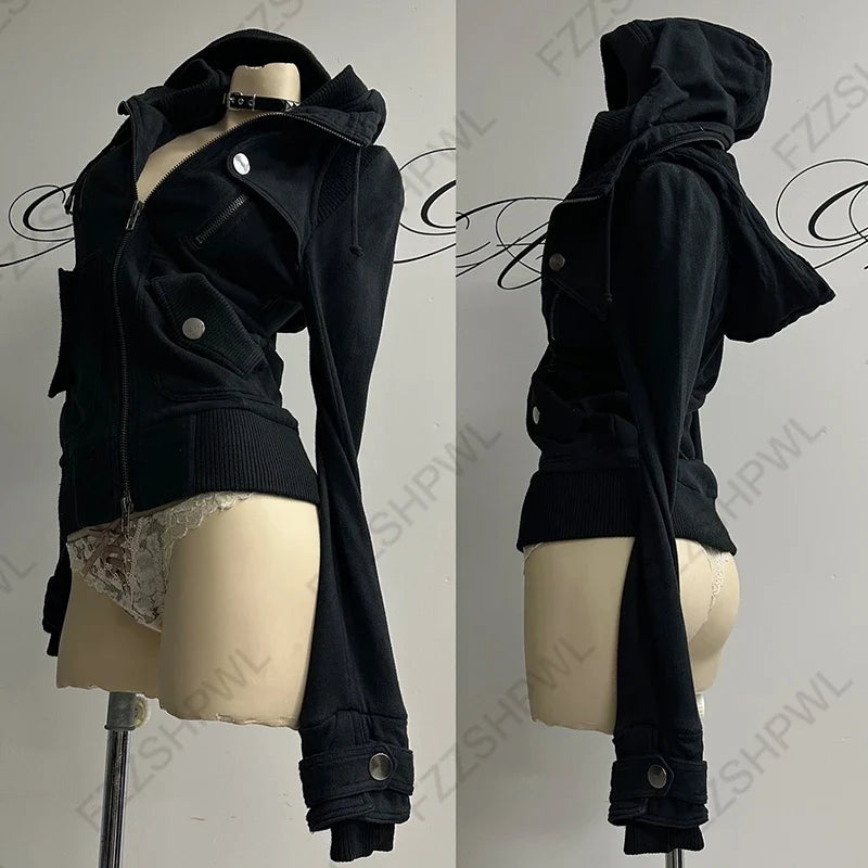 Gothic Y2K Women's Chic Hoodie Sexy Slim Casual Solid Color Female Cropped Sweatshirt Grunge Punk Vintage Aesthetics Streetwear