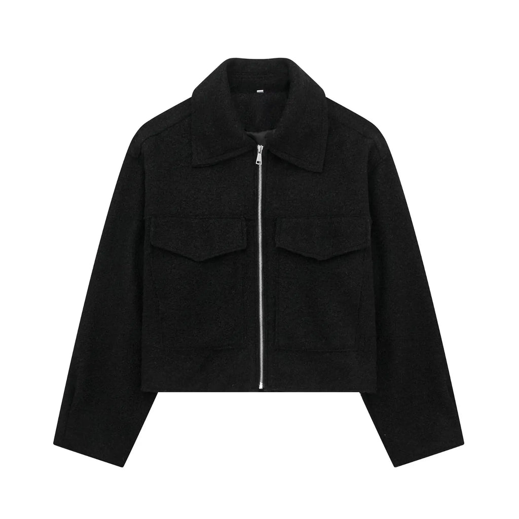 DUOPERI Women Fashion Winter Autumn Fleece Cropped Jacket Lapel Collar Long Sleeves Female Chic Lady Casual Short Outwear