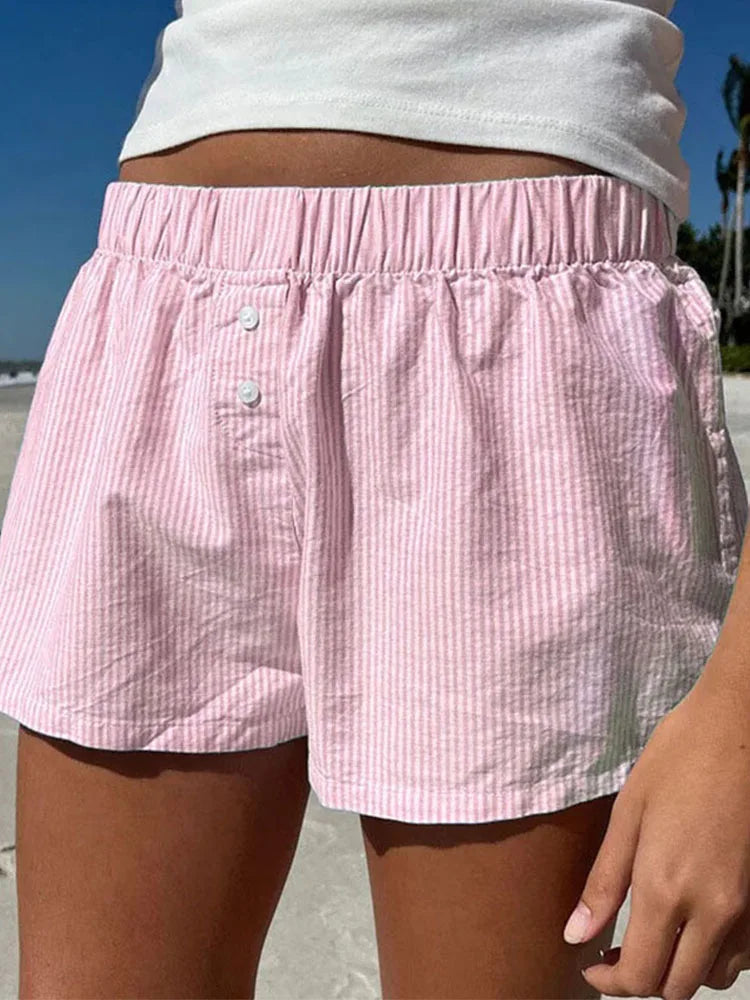 Striped Print Casual Shorts for Women Elastic Waist Fashion Button Bottoms Streetwear Chic Basic Y2K Loose Shorts