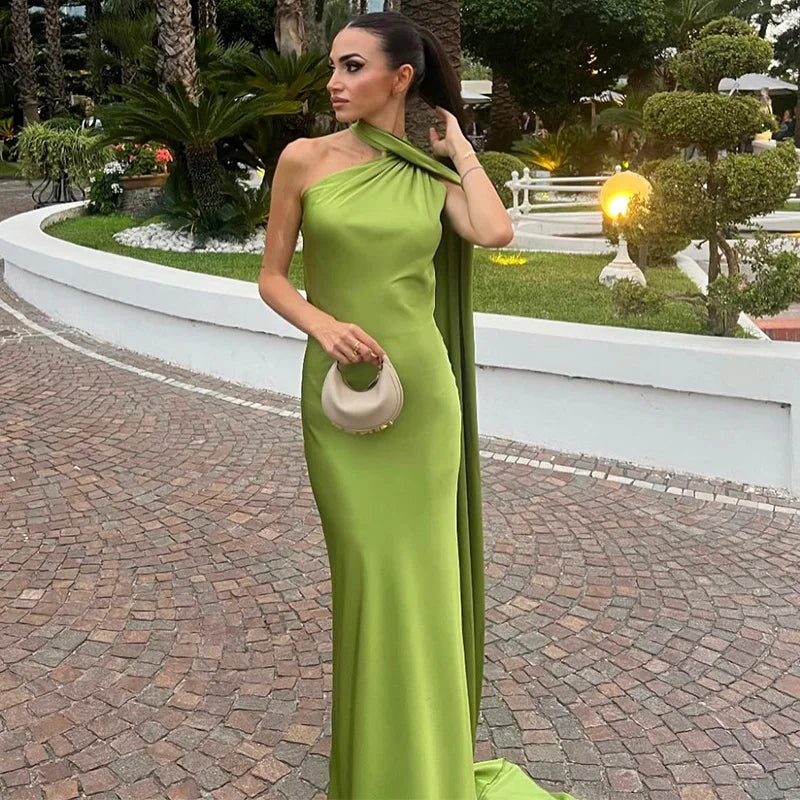 Elegant Women's Ribbon Long Satin Party Dress Halter Backless Sleeveless Female Dresses 2026 Summer Lady Solid Evening Gowns