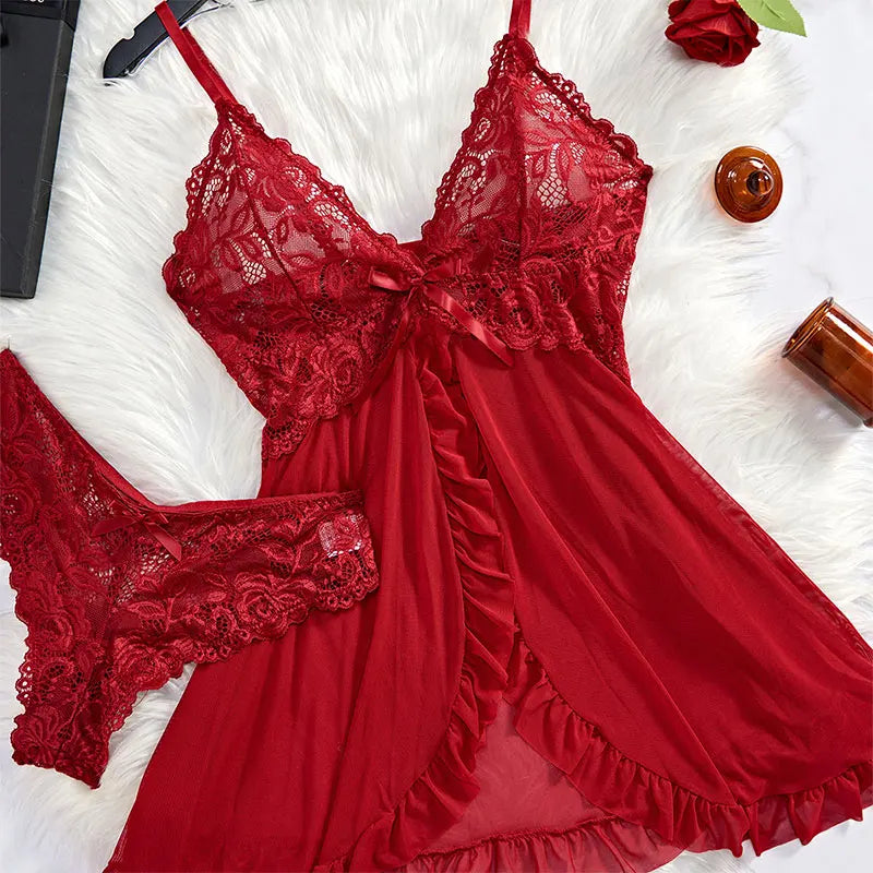 Suspender Suit Summer Ultra-thin Nightgown Lace Thong Sets Women's Sexy Pyjamas Lingerie Hot Night Dress Comfortable Sleepwear