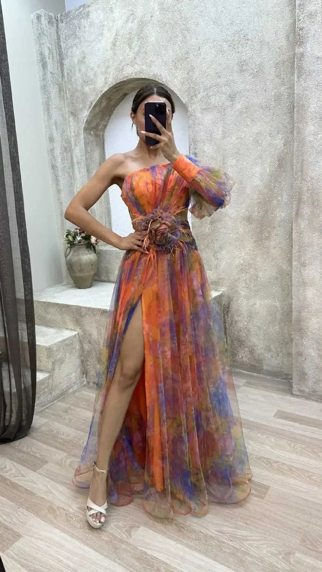 Elegant Oblique Shoulder Single-sleeve  Zipper High Slit Mesh Long Dress For Women Fashion Flower Decoration Party Dress Female