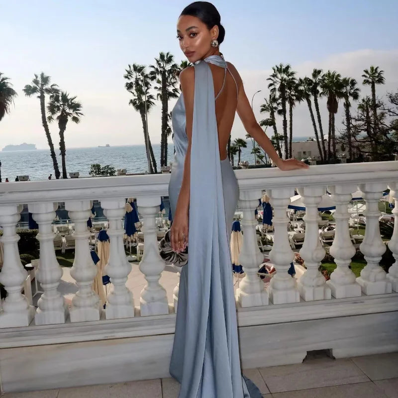 Elegant Women's Ribbon Long Satin Party Dress Halter Backless Sleeveless Female Dresses 2026 Summer Lady Solid Evening Gowns