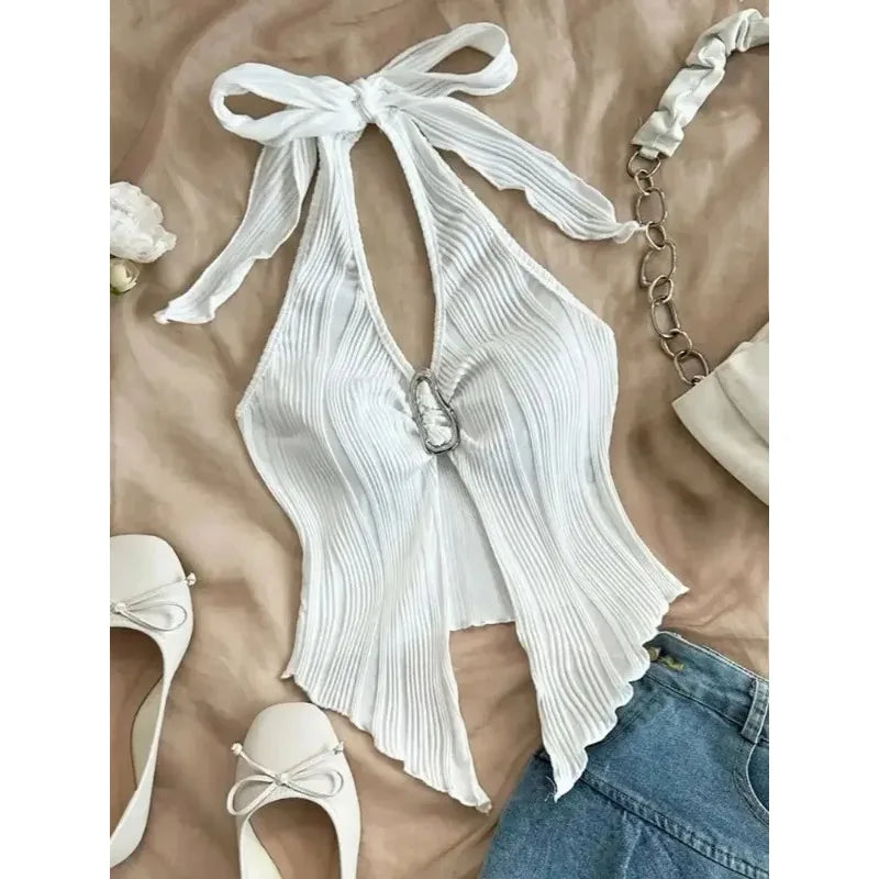 Summer for Women Sleeveless Top Clothes Solid Split Backless Women Sexy V-neck Halter Neck Crop Top