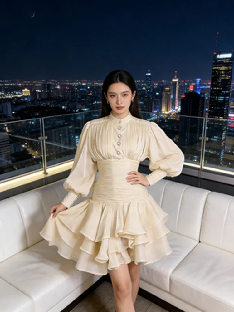 Solid Victorian-inspired Mini Dress Women Puff-sleeve Ruched Tiered Romantic Cottagecore Party Dresses 2026 Trendy Elegant Robe