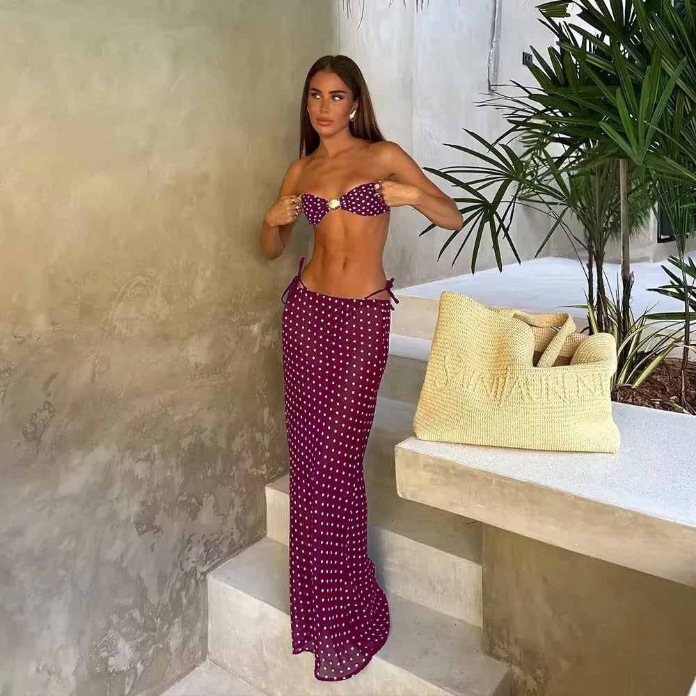 Bandeau Dot 3 Pieces Sexy Bikini With Long Skirt Women Swimsuits Female Swimwear Bathing Suit Swimming Suits Beachwear Biquini