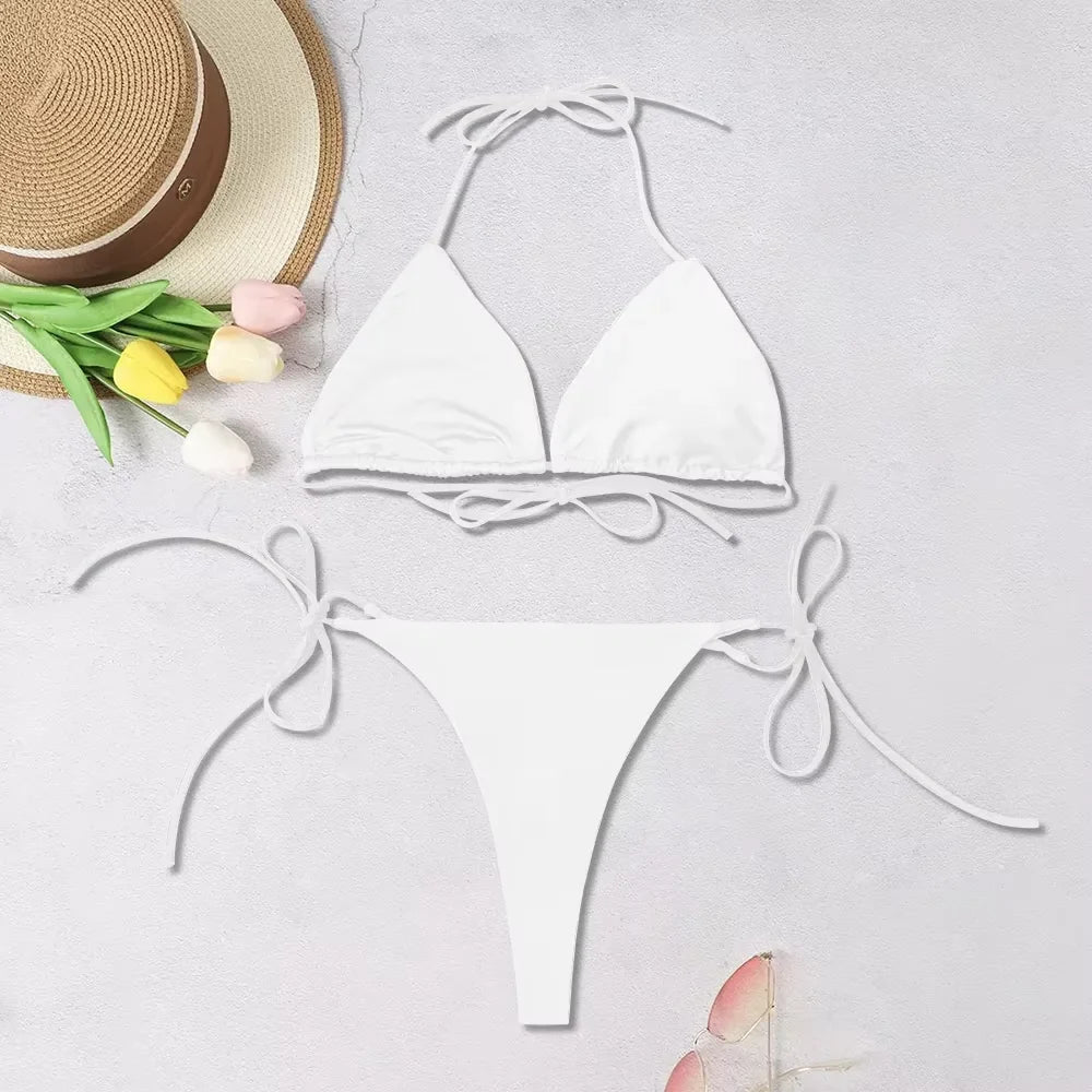 2025 New Women's Solid-color Separate Beach Wear Sexy Halter Three-point Bikini Backless Adjustable Lace-up Swimsuit